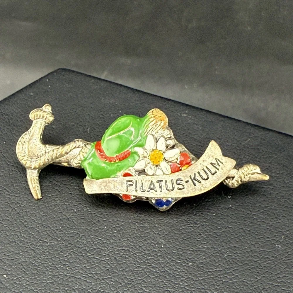 Vintage Estate Brooch Silver Tone Switzerland Pilatus-Kulm Enamel Ski Axe